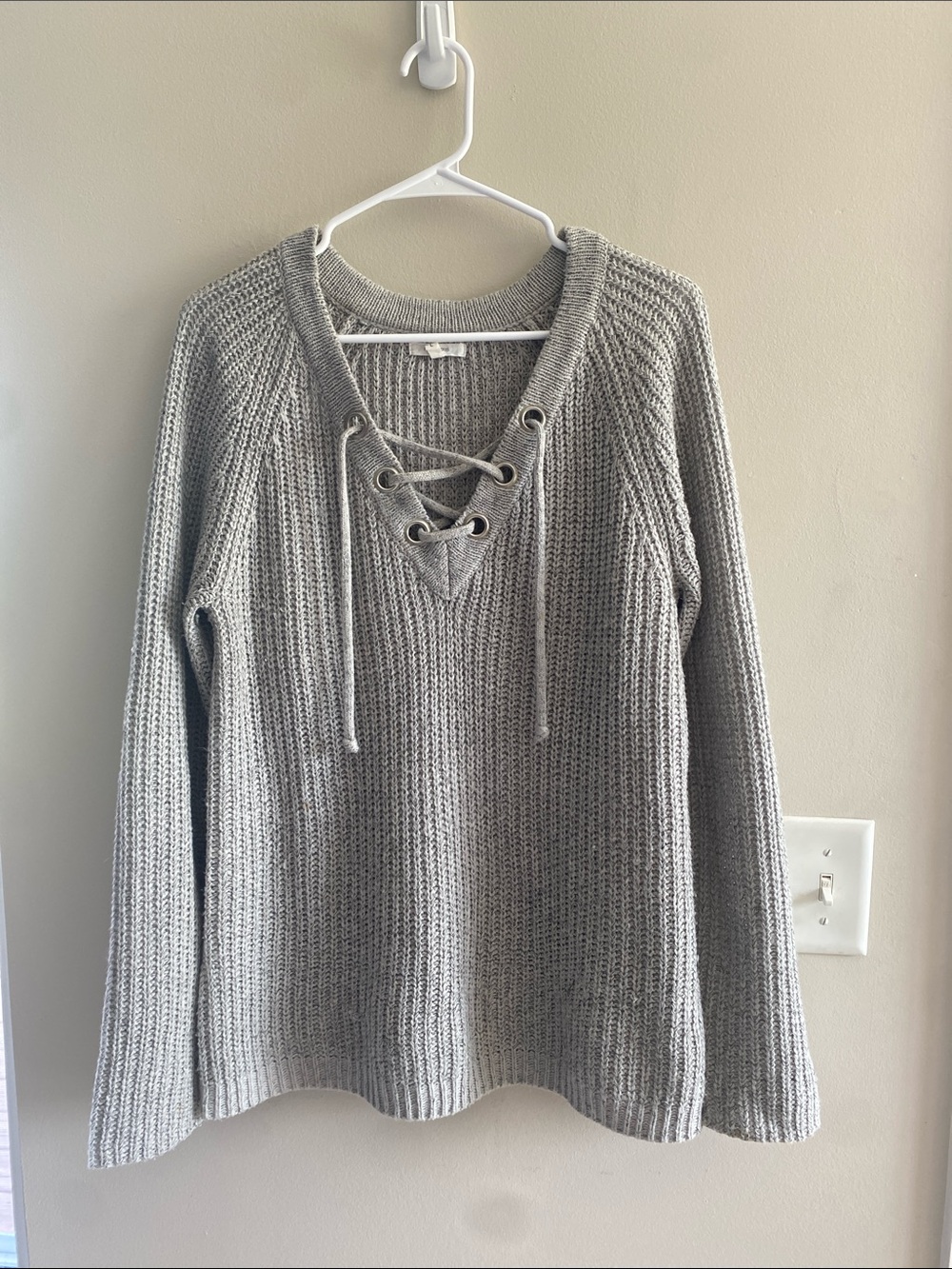 Maurices Gray Lace-Up V-Neck Knit Sweater